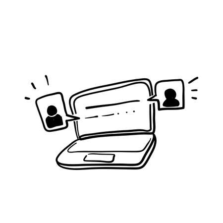 hand drawn Webinar concept, online course, distant education, video lecture, internet group conference, training test, work from home, easy communication,doodleのイラスト素材