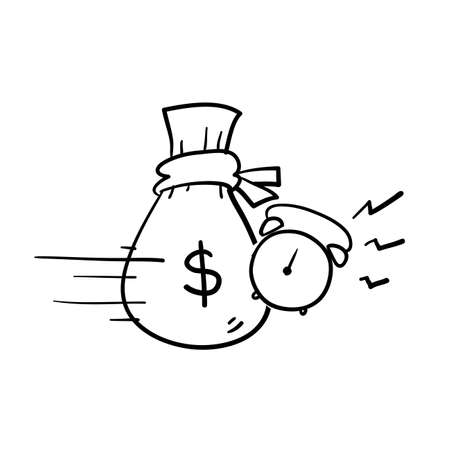hand drawn money bag and timer symbol for Quick and easy loan, fast money providence, business and finance services, timely payment, financial solution,doodleのイラスト素材