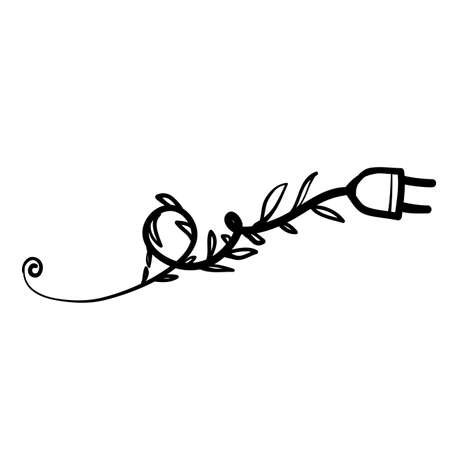 hand drawn Green energy electricity, electric plug icon sign with cord plant leaves doodleのイラスト素材