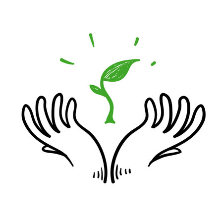 hand drawn doodle hand and seed plant illustration icon symbol for save the nature earthのイラスト素材