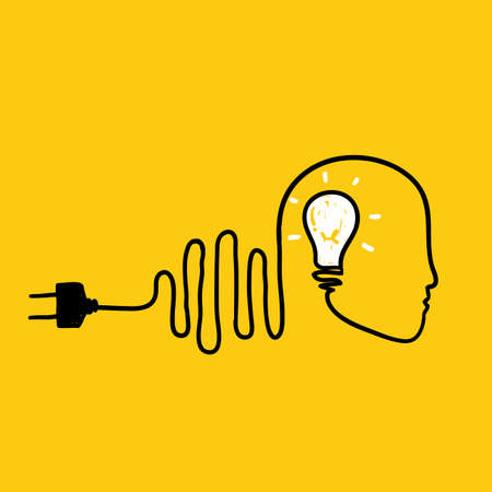 hand drawn doodle head an bulb inside with electric wire illustration in continuous line drawing