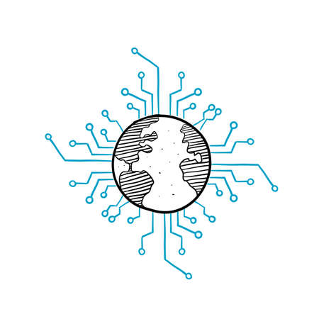 hand drawn doodle global cyber technology illustration iconのイラスト素材