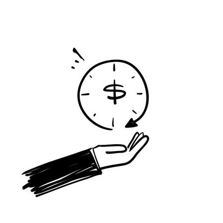 hand drawn doodle clock arrow and money symbol for time is money illustration isolatedのイラスト素材