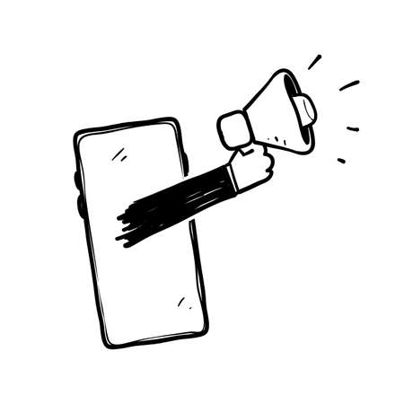 hand drawn doodle smartphone and megaphone symbol for digital marketing icon isolatedのイラスト素材
