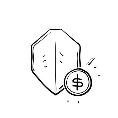 hand drawn doodle shield and money symbol for secure payment guaranteed illustration isolatedのイラスト素材