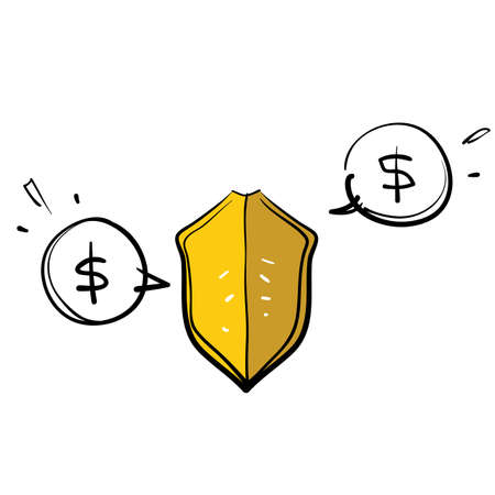 hand drawn doodle shield and money symbol for secure payment guaranteed illustration isolatedのイラスト素材