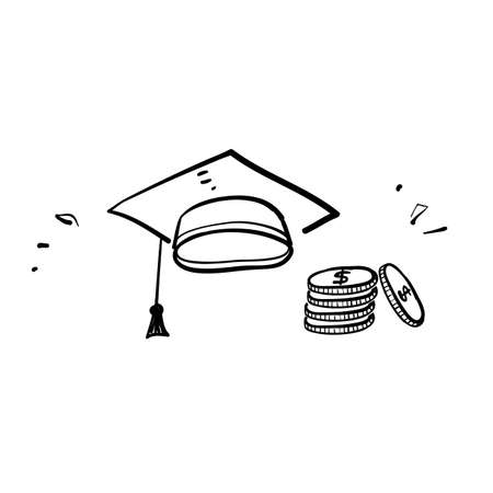 hand drawn doodle graduation hat and money illustration for tuition feeのイラスト素材