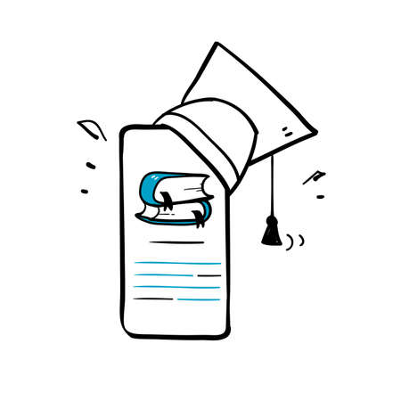 hand drawn doodle mobile graduation hat and book concept for education symbol icon illustrationのイラスト素材