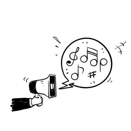 hand drawn doodle megaphone with music note illustration vector isolatedのイラスト素材