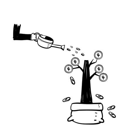 hand drawn doodle watering money tree illustration symbol for economy planning illustration vectorのイラスト素材