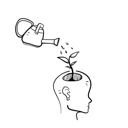 hand drawn doodle watering plant on mind or brain symbol for development or growth idea illustration vector isolatedのイラスト素材