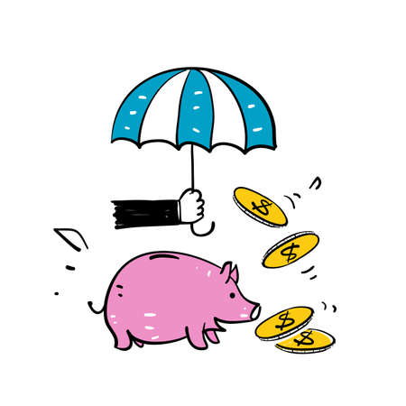 hand drawn doodle umbrella piggy bank and money symbol for financial protection iconのイラスト素材