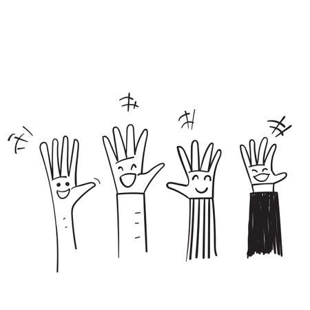 hand drawn doodle raised audience hand with smile face in the palm illustration vectorのイラスト素材