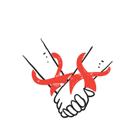 hand drawn doodle hand holding ribbon symbol for world cancer day illustration icon isolated