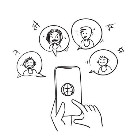 hand drawn doodle hand holding smartphone for video conference illustration isolated backgroundのイラスト素材