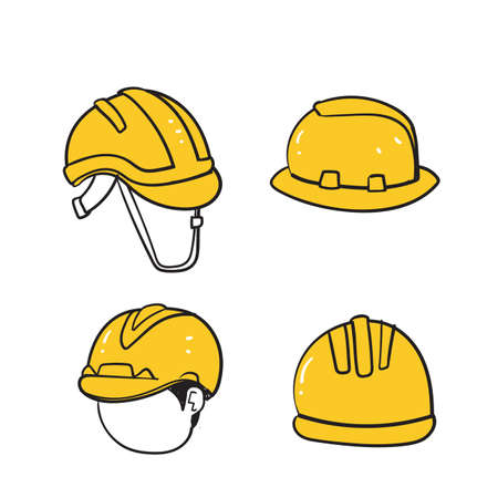 hand drawn doodle yellow work helmet illustration collection isolatedのイラスト素材