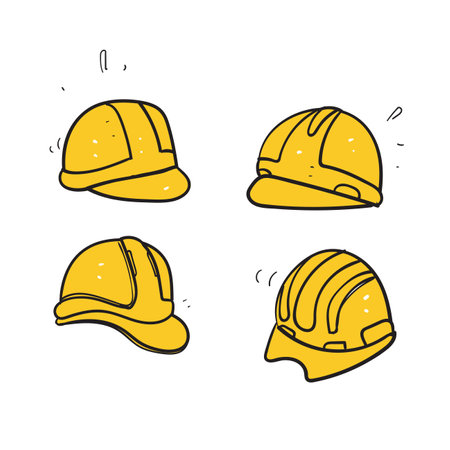 hand drawn doodle yellow work helmet illustration collection isolatedのイラスト素材