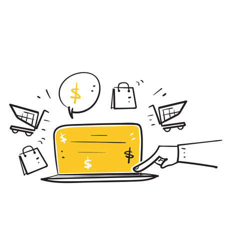 hand drawn doodle laptop and shopping cart or bag illustration vector isolatedのイラスト素材