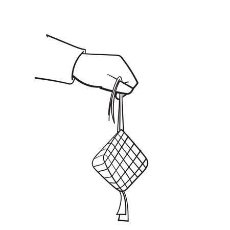 hand drawn doodle hand holding ketupat traditional muslim food illustration iconのイラスト素材