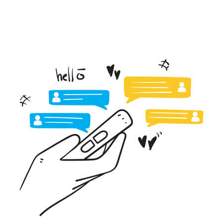 hand drawn doodle Hand holding phone sending short messages illustrationのイラスト素材