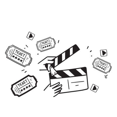 hand drawn doodle clapper board and ticket illustration vectorのイラスト素材