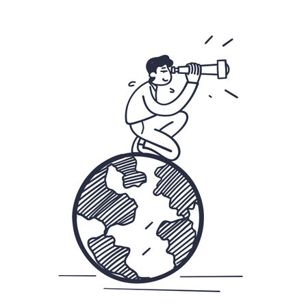 hand drawn doodle person looking from globe with binoculars illustrationのイラスト素材