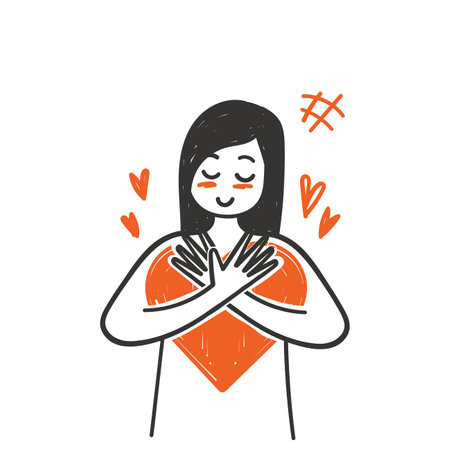 hand drawn doodle a happy and blushing woman hugging love illustrationのイラスト素材