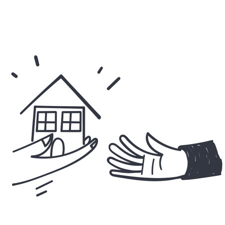 hand drawn doodle give to another hand small house illustration vectorのイラスト素材