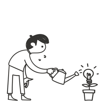 hand drawn doodle character watering bulb plants illustrationのイラスト素材