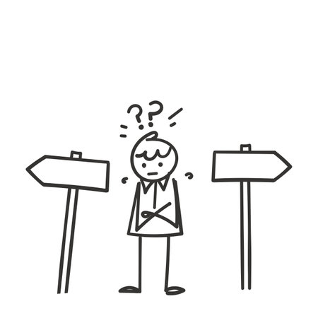 hand drawn doodle stick man character confused by the signpost illustrationのイラスト素材