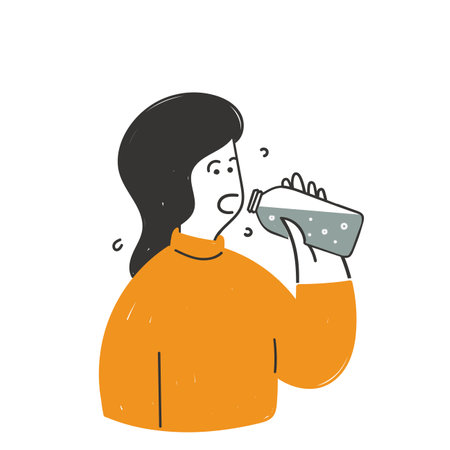 hand drawn doodle person drinking from a water bottle illustrationのイラスト素材