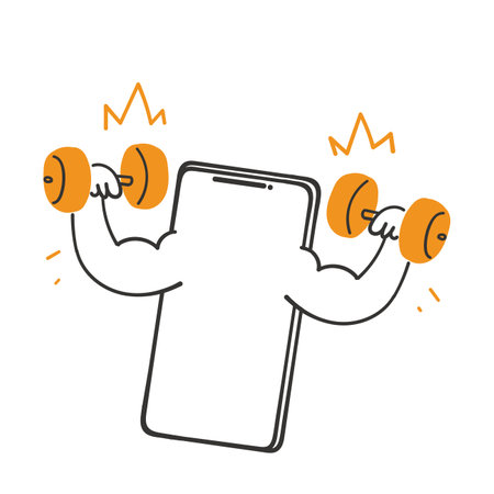 hand drawn doodle mobile phone with dumbbell symbol for online fitness illustration vectorのイラスト素材