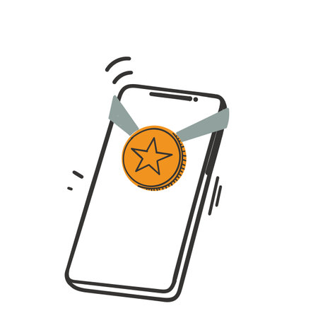 hand drawn doodle mobile phone with medal illustration vectorのイラスト素材
