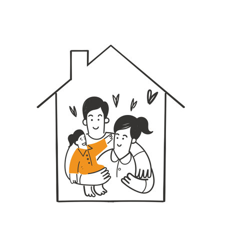 hand drawn doodle Happy family at home illustrationのイラスト素材