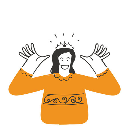 doodle hand drawn happy woman wear crown illustrationのイラスト素材