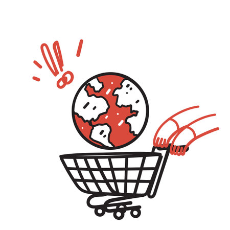 hand drawn doodle globe in shopping cart illustration vectorのイラスト素材