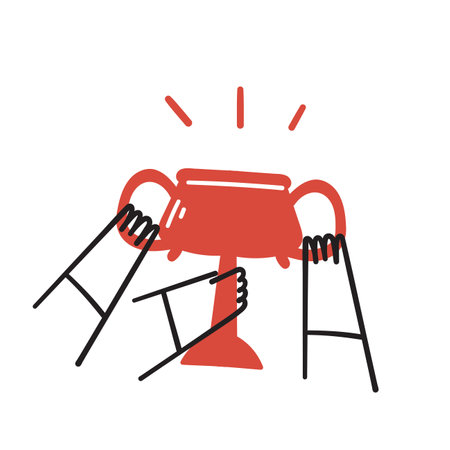 hand drawn doodle people holding trophy cup togetherのイラスト素材