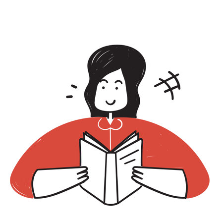 hand drawn doodle woman reading a book illustrationのイラスト素材