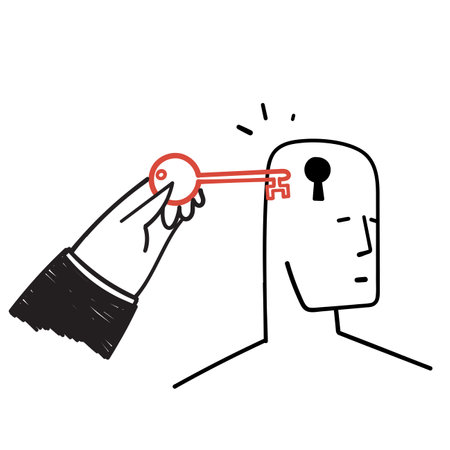 hand drawn doodle holding key to open person's mind illustrationのイラスト素材