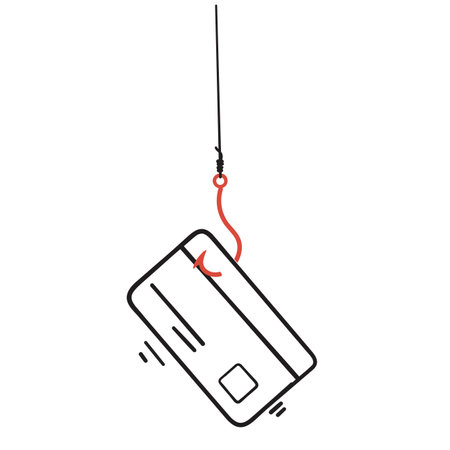 hand drawn doodle fishing hook and credit card symbol for phishing attack illustration vectorのイラスト素材