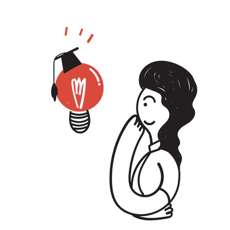 hand drawn doodle person with light bulb and graduation cap illustration vectorのイラスト素材