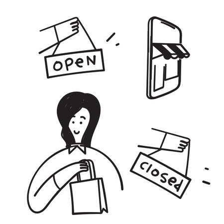hand drawn doodle shop store related icon illustrationのイラスト素材