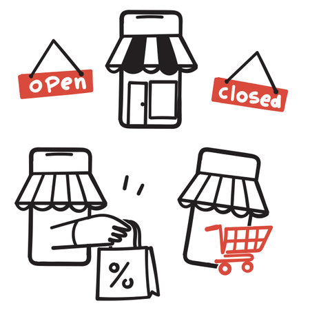 hand drawn doodle shop store related icon illustrationのイラスト素材
