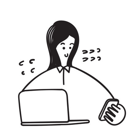 hand drawn doodle woman using laptop and looking at smart phoneのイラスト素材