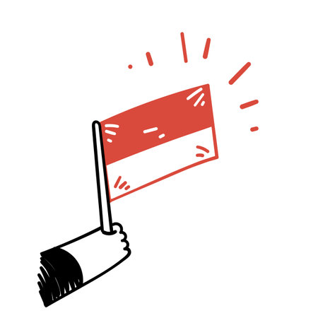 hand drawn doodle hand holding indonesian flag illustration vectorのイラスト素材