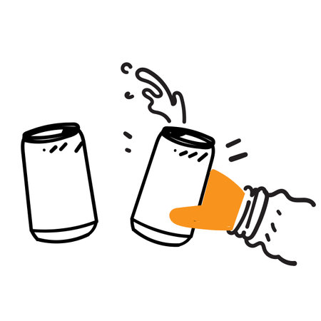 hand drawn doodle hand holding canned drink illustrationのイラスト素材