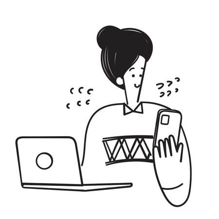hand drawn doodle woman using laptop and looking at smart phoneのイラスト素材