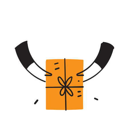 hand drawn doodle hand holding gift boxes with presents illustrationのイラスト素材