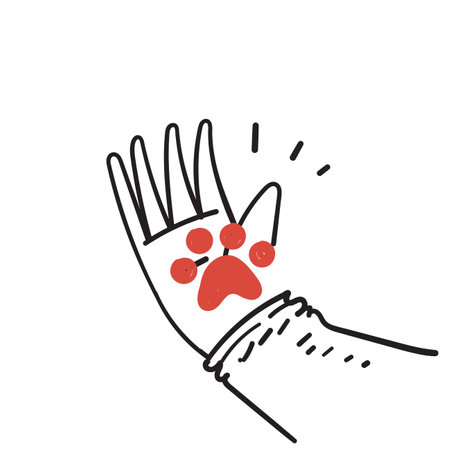 hand drawn doodle hand holding animal paw illustration vectorのイラスト素材