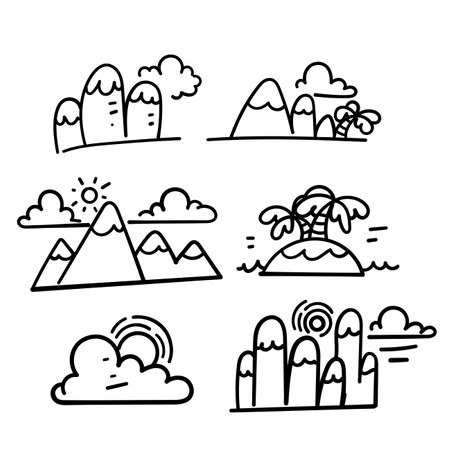 hand drawn doodle Line nature landscape illustration collectionのイラスト素材